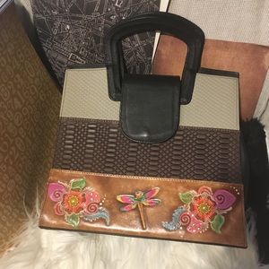 Genuine Leather purse AZTEC flowers Dragonfly